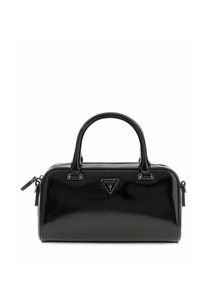 Sac à main rectangulaire noir brillant avec deux anses, fermeture éclair et logo triangulaire Guess au centre avant.