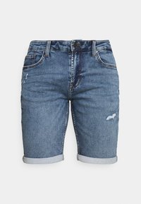 Shorts de mezclilla en azul medio con un acabado desgastado, puños enrollados, cinco bolsillos y cierre de botón en la cintura.
