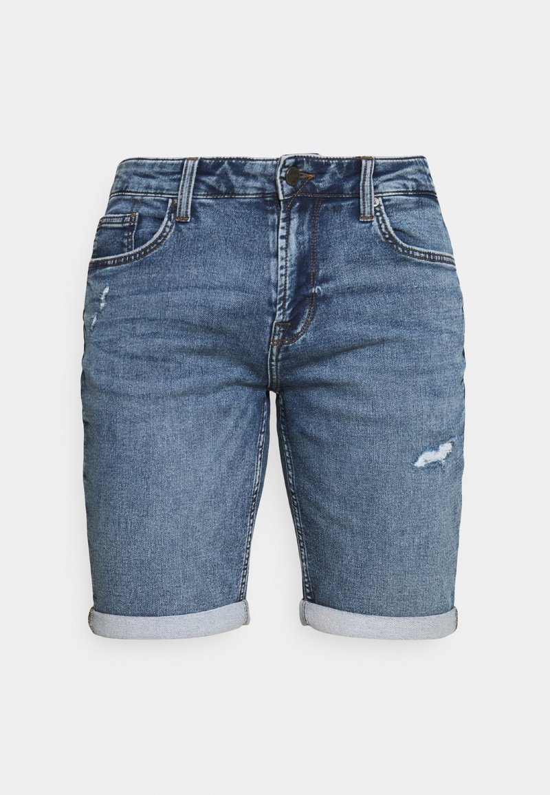 Shorts de mezclilla en azul medio con un acabado desgastado, puños enrollados, cinco bolsillos y cierre de botón en la cintura.