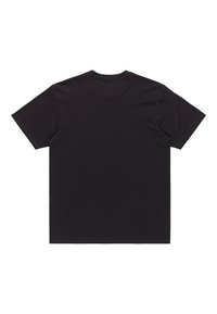 Camiseta de algodón negra, de manga corta, cuello redondo, diseño liso, textura suave, vista trasera sin adornos, sin logos ni gráficos.