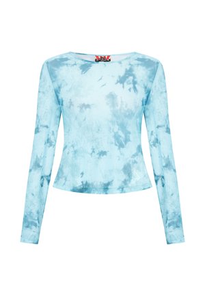 Világoskék hosszú ujjú crop top enyhe batikolt mintával és kerek nyakkivágással.