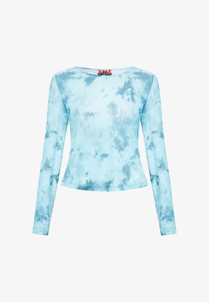 Világoskék hosszú ujjú crop top enyhe batikolt mintával és kerek nyakkivágással.