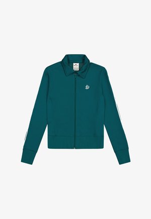 Türkisfarbene sportliche Zip-Jacke mit Kragen, langen Ärmeln und gerippten Säumen. Verfügt über ein kleines Logo auf der linken Brust und minimalistische Akzente.