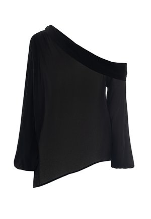 Blusa nera trasparente con una spalla, maniche lunghe e tessuto drappeggiato, caratterizzata da un orlo asimmetrico.