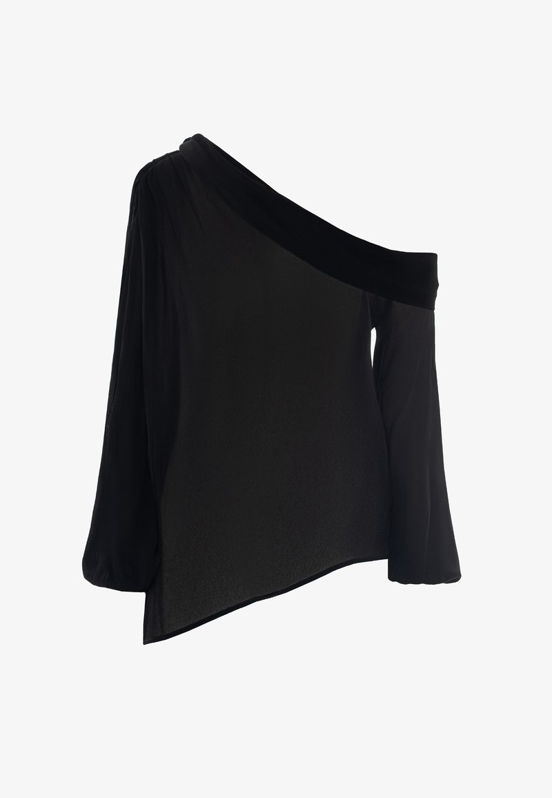 Blusa nera trasparente con una spalla, maniche lunghe e tessuto drappeggiato, caratterizzata da un orlo asimmetrico.