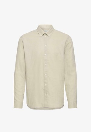 Light beige long-sleeve shirt made of linen with a button-down collar, front placket, and subtle logo detail on the chest.