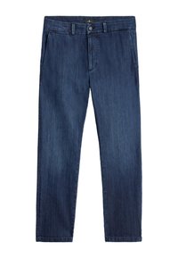 Jeans in denim blu scuro con un design a gamba dritta, chiusura con zip e passanti per la cintura. Stile classico a cinque tasche con una finitura leggermente testurizzata.