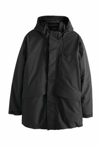 Sort hættejakke til vinter med justerbare snoretræk, frontlynlås skjult af en klap, og store frontlommer.