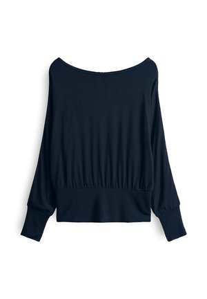 Marineblauwe lange mouwen top met een brede halslijn, elastische taille en geraffineerde mouwen; gemaakt van zachte, rekbare stof.
