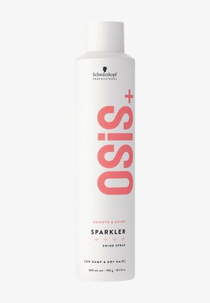 Weißer zylindrischer Behälter mit der Aufschrift „Osis+ Sparkler“ in Pink und schwarzem Text, enthält 300 ml Glanzspray für das Haar. Fehler zwischen „smooth“ und „&“.
