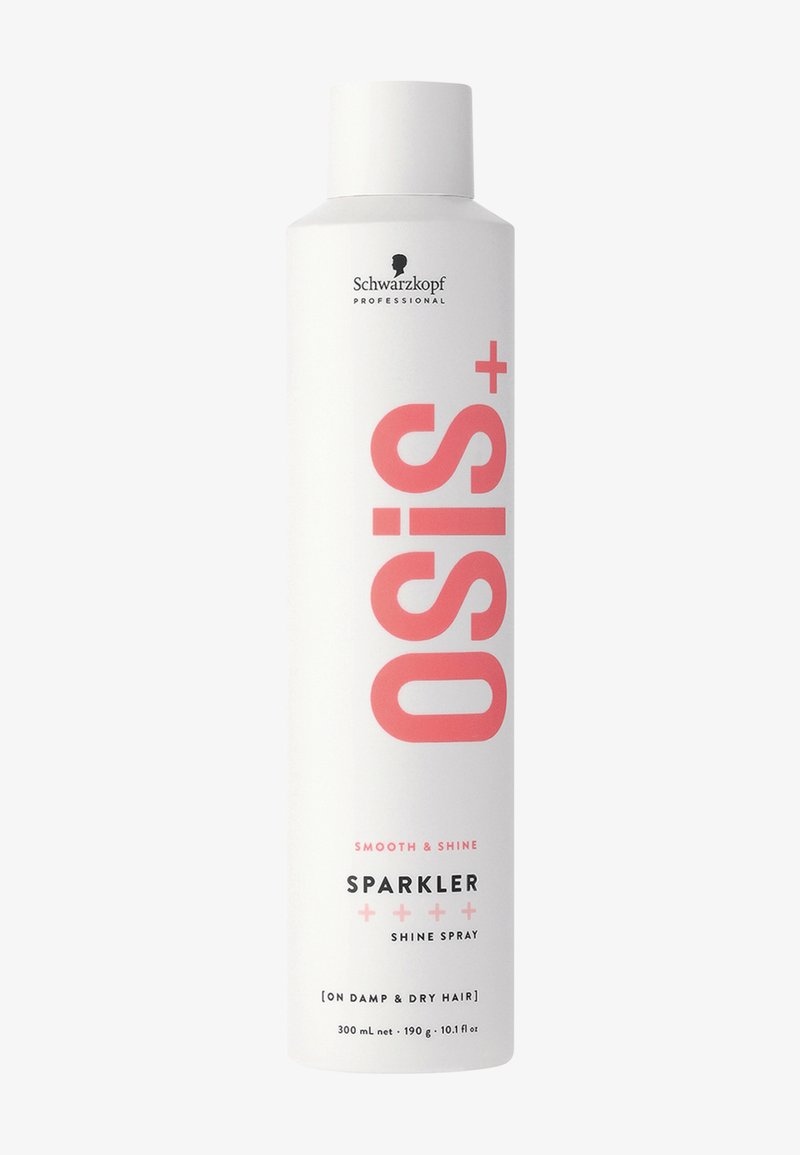 Witte cilindervormige fles met het label "Osis+ Sparkler" in roze en zwarte tekst, bevat 300 mL glansspray voor het haar. Fout tussen "smooth" en "&".