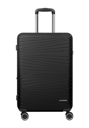 Black hard-shell suitcase with diagonal line texture, a telescopic handle, and four spinner wheels on a white background.
