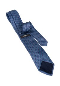 Sinine mustriga siiditekk, millel on geomeetriline disain, sisaldades väikeseid punaseid ruute ja musta sildi tekstiga "Sangar Since 1956" tagaküljel.