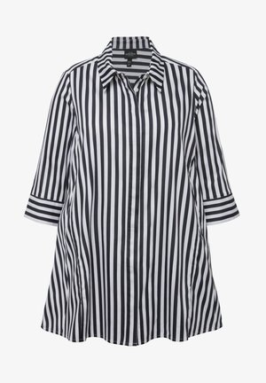 Skjorte med knapper i sort og hvid lodret strib, med krave og trekvartærmer, lavet af glat stof.