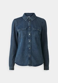 Jeansskjorte, mørkeblå, langermet, med krage, har to brystlommer, knappestolpe foran og buet kant. Glatt tekstur.