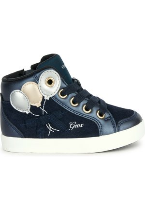 Granatowe dziecięce sneakersy za kostkę z aplikacjami balonów, czarne sznurówki, złote oczka i biała podeszwa, z logo Geox po bokach.