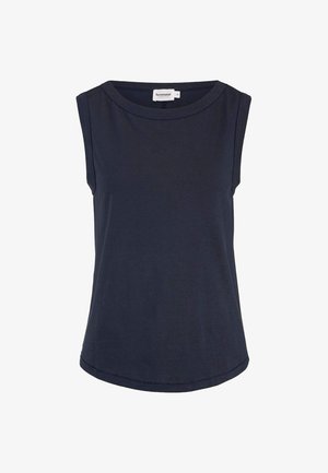 Ärmelloses marineblaues Tanktop mit rundem Ausschnitt und leicht geschwungenem Saum, mit der Aufschrift "hessnatur" Größe 36.