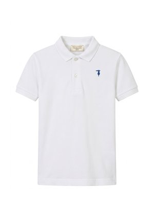 Polo bianca a maniche corte con colletto, due bottoni bianchi e piccolo logo blu sul petto sinistro.