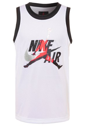 Hvid ærmeløs basketballtrøje med sort kant og stort rødt og sort Nike Air-logo med en hoppende basketballspiller.