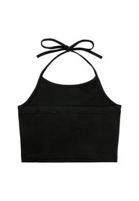 Top court noir à col halter avec fermeture par lien au niveau du cou et ourlet droit, fabriqué en tissu lisse.