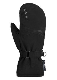 Guanto isolato nero realizzato in materiale softshell, con chiusura a fibbia, dettagli testurizzati e un logo sul lato.