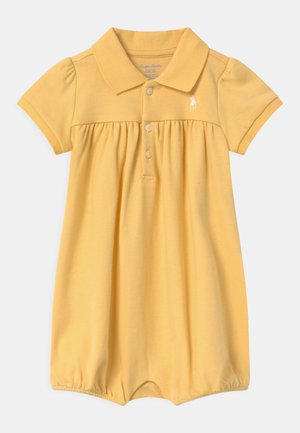 Gelbes Baumwollkleid mit Polokragen, kurzen Puffärmeln, einer Knopfleiste mit drei Knöpfen, gerafftem Taillenbund und gesticktem Logo auf der Brust.