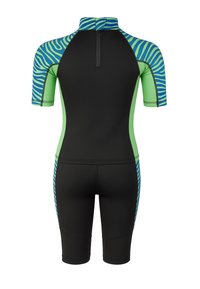 Combinaison de plongée à manches courtes noire et verte avec des panneaux latéraux et d'épaules à rayures zébrées bleues et vertes, zip dans le dos et short jusqu'aux genoux.