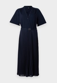 Navy blue dress with short sleeves, button-down front, and pleated skirt secured with a belt featuring a metal buckle. Smooth fabric texture.