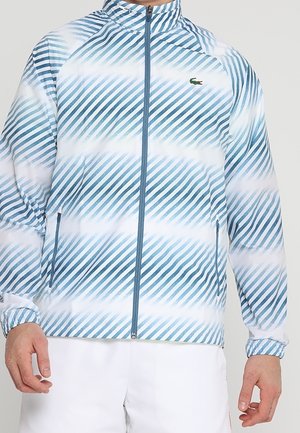 Mann trägt eine blau-weiß diagonal gestreifte Zip-Up-Jacke mit kleinem grünem Krokodil-Logo auf der Brust, kombiniert mit weißen Shorts.