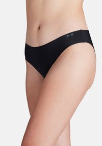 Culotte bikini nera con una texture liscia, design a vita bassa e un piccolo logo grigio sulla cintura. Stile semplice e minimalista.
