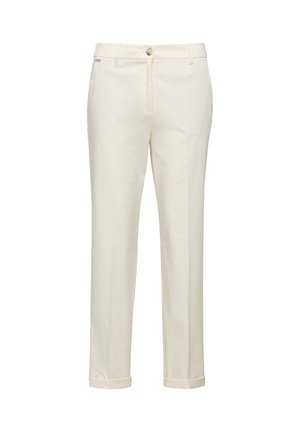 Offwhite maßgeschneiderte Hosen in Knöchellänge mit Gürtelschlaufen, vorderem Knopf, Reißverschluss und Umschlag am Saum.