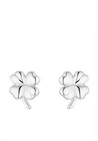Silvriga örhängen i klöverform med en polerad finish, som har fyra rundade blad och en smal stam, utformade för en subtil elegans.