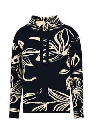 Navy sweater featuring a floral pattern in cream, with a high collar, long sleeves, and drawstring accents. Textured knit fabric.