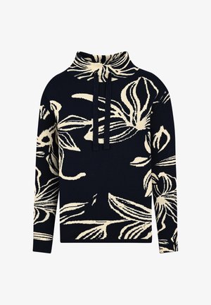 Navy-Pullover mit floralem Muster in Creme, hochgeschlossen, mit langen Ärmeln und Kordelzug-Details. Strukturierter Strickstoff.