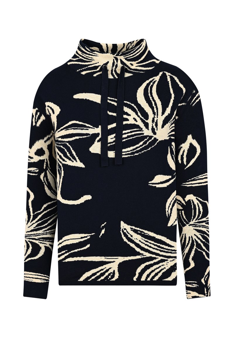 Navy-Pullover mit floralem Muster in Creme, hochgeschlossen, mit langen Ärmeln und Kordelzug-Details. Strukturierter Strickstoff.