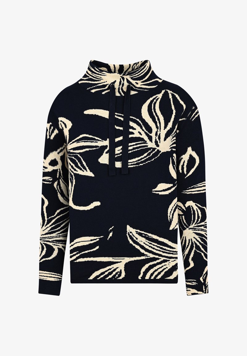 Navy-Pullover mit floralem Muster in Creme, hochgeschlossen, mit langen Ärmeln und Kordelzug-Details. Strukturierter Strickstoff.