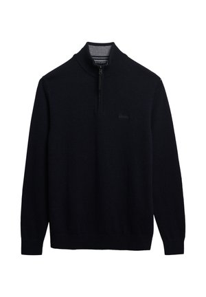 Granatowy sweter dziewiarski z zamkiem przy kołnierzu, długimi rękawami i małym logo na klatce piersiowej. Teksturowana tkanina, średnia waga.