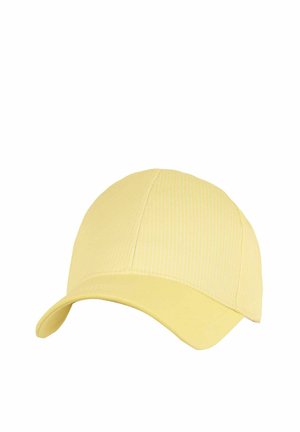 Hellgelbe Baseballkappe mit dezenten vertikalen Streifen und gebogenem Schirm, dargestellt vor weißem Hintergrund.