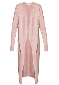 Lange, open voorkardigan in zachtroze breiwerk. Heeft lange mouwen en twee voorzakken. Lichtgewicht textuur, met ribgebreide manchetten en zoom.