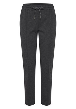 Mørkegrå joggebukser laget av mykt materiale, med elastisk midje og snor, sidelommer og en smalere ben-design.