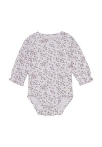 Langärmliger Babykörperanzug in Helllila mit Blumenmuster. Hergestellt aus weichem Stoff, mit Rüschensaum an den Ärmelabschlüssen und einem Druckknopfverschluss am Boden.