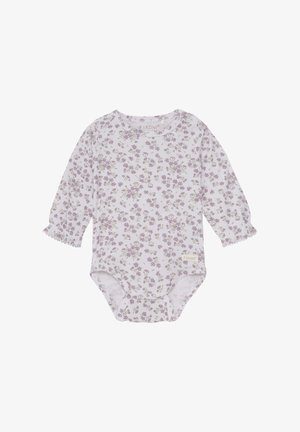 Langærmet babydragt i lys lilla med blomsterprint. Fremstillet af blødt stof, med flæser ved håndleddene og trykknaplukning i bunden.