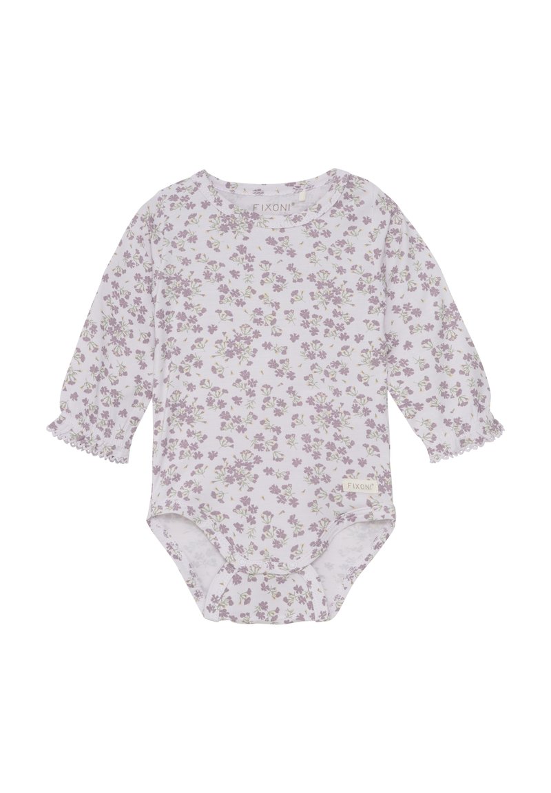 Langärmliger Babykörperanzug in Helllila mit Blumenmuster. Hergestellt aus weichem Stoff, mit Rüschensaum an den Ärmelabschlüssen und einem Druckknopfverschluss am Boden.