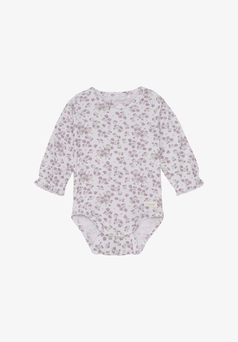 Langärmliger Babykörperanzug in Helllila mit Blumenmuster. Hergestellt aus weichem Stoff, mit Rüschensaum an den Ärmelabschlüssen und einem Druckknopfverschluss am Boden.
