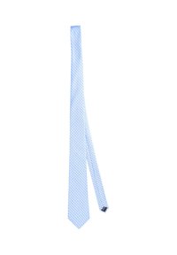 Cravatta azzurra chiara con motivo a diamante, realizzata in tessuto con una texture liscia. La cravatta presenta un'estremità appuntita e un design classico.