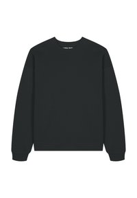 Černá mikina s kulatým výstřihem vyrobená z měkké tkaniny. Má dlouhé rukávy a žebrované manžety. Jednoduchý, minimalistický design bez vzorů nebo akcentů.