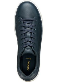 Sneaker in pelle navy con punta tonda, suola piatta bianca e lacci abbinati. Caratterizzato da logo impressato e superficie liscia all'esterno.