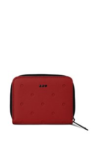 Red leather wallet with a textured surface featuring raised dots, a black zipper closure, and three black accents on the front.