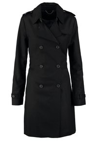 Abrigo trench de doble botonadura en negro, hecho de tela suave. Presenta hombreras y puños abotonados, con un corte ajustado y un diseño elegante.