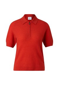Rotes Poloshirt mit kurzen Ärmeln aus strukturiertem Strickstoff, mit einem halben Reißverschluss vorne und einem sportlichen Kragen. Mit dezentem Logodetail am Saum.